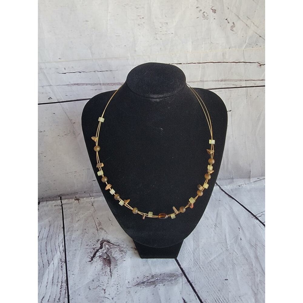 Lia Sophia Metal Nylon Cord Stone Bead Opaque & Brown Glass Bead Necklace